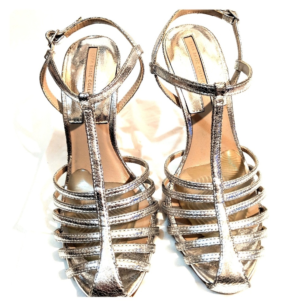Silver metallic t-strap spike heels